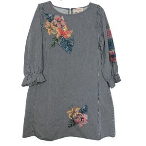 Philosophy Dress PL Blue White Striped Embroidered Dress Balloon Sleeves Pockets